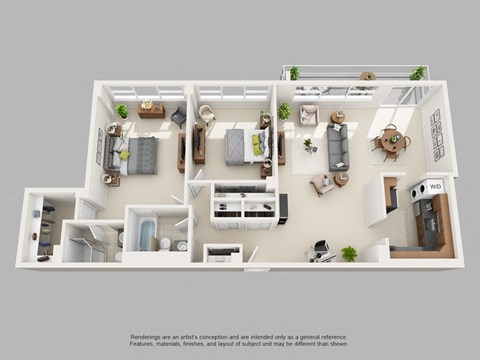 Floor plan for 2 beds, 2 baths, 1225 sqft